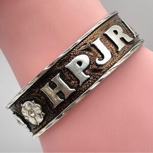 Tres Rios Sterling Silver & Copper Cuff Bracelet with Floral & Initial Design